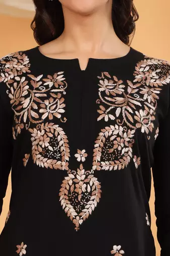 Women black ethnic motifs embroidered lucknowi chikankari short kurtis