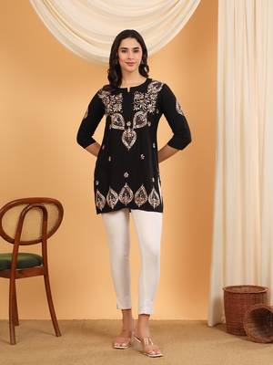 Women black ethnic motifs embroidered lucknowi chikankari short kurtis 5