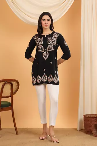 Women black ethnic motifs embroidered lucknowi chikankari short kurtis
