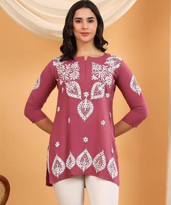 Women lavender ethnic motifs embroidered lucknowi chikankari short kurtis 1