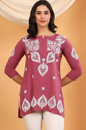 Women lavender ethnic motifs embroidered lucknowi chikankari short kurtis