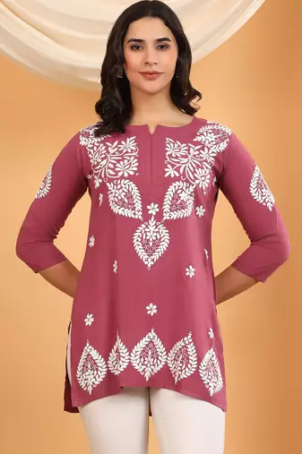 Women lavender ethnic motifs embroidered lucknowi chikankari short kurtis