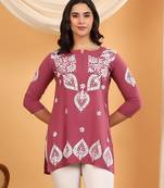 Women lavender ethnic motifs embroidered lucknowi chikankari short kurtis