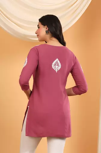 Women lavender ethnic motifs embroidered lucknowi chikankari short kurtis