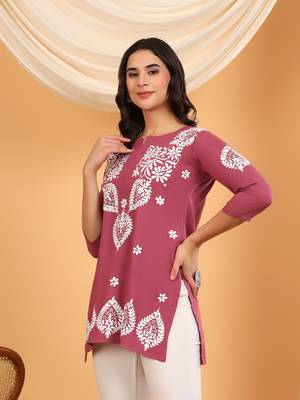 Women lavender ethnic motifs embroidered lucknowi chikankari short kurtis 3