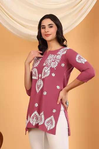 Women lavender ethnic motifs embroidered lucknowi chikankari short kurtis