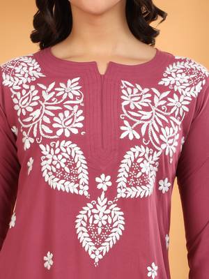 Women lavender ethnic motifs embroidered lucknowi chikankari short kurtis 4