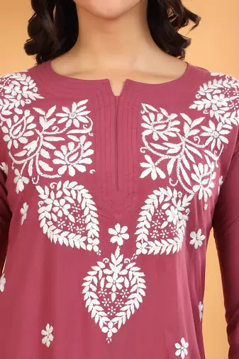 Women lavender ethnic motifs embroidered lucknowi chikankari short kurtis
