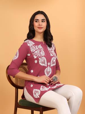 Women lavender ethnic motifs embroidered lucknowi chikankari short kurtis 5