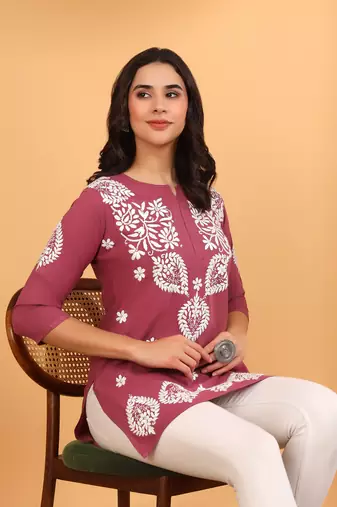 Women lavender ethnic motifs embroidered lucknowi chikankari short kurtis