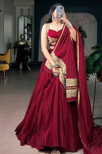 Notable Maroon Cotton Navratri Lehenga Choli With Embroidered Dupatta