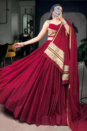 Notable Maroon Cotton Navratri Lehenga Choli With Embroidered Dupatta