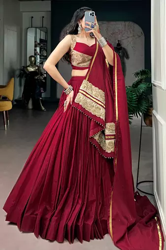 Notable Maroon Cotton Navratri Lehenga Choli With Embroidered Dupatta