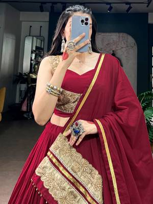 Notable Maroon Cotton Navratri Lehenga Choli With Embroidered Dupatta 5
