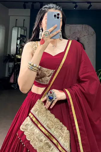 Notable Maroon Cotton Navratri Lehenga Choli With Embroidered Dupatta