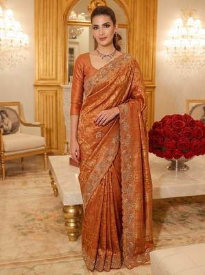 Rust clr Beads work kanjiwaram silk blend saree 1