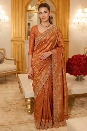 Rust clr Beads work kanjiwaram silk blend saree