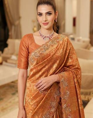 Rust clr Beads work kanjiwaram silk blend saree 2