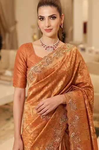 Rust clr Beads work kanjiwaram silk blend saree