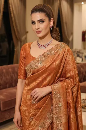 Rust clr Beads work kanjiwaram silk blend saree