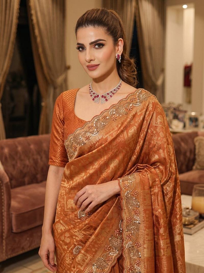 Rust clr Beads work kanjiwaram silk blend saree