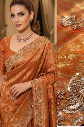 Rust clr Beads work kanjiwaram silk blend saree