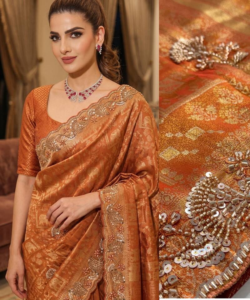 Rust clr Beads work kanjiwaram silk blend saree