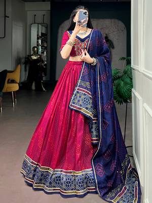 Striking Pink Bandhej Print Silk Navratri Wear Lehenga With Blouse 1