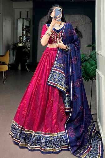 Striking Pink Bandhej Print Silk Navratri Wear Lehenga With Blouse