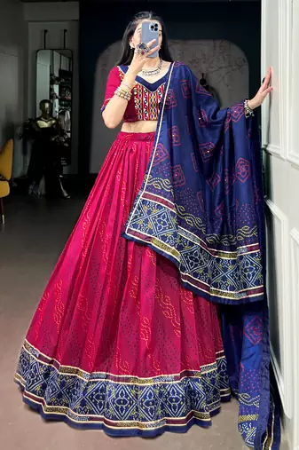 Striking Pink Bandhej Print Silk Navratri Wear Lehenga With Blouse