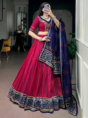 Striking Pink Bandhej Print Silk Navratri Wear Lehenga With Blouse 3