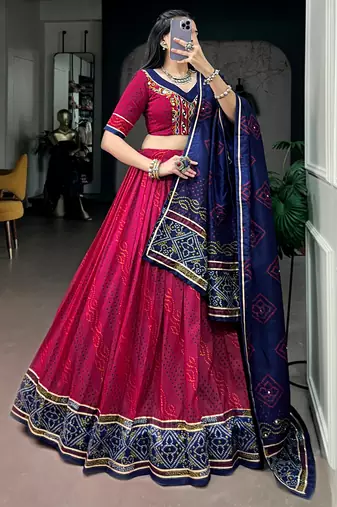Striking Pink Bandhej Print Silk Navratri Wear Lehenga With Blouse