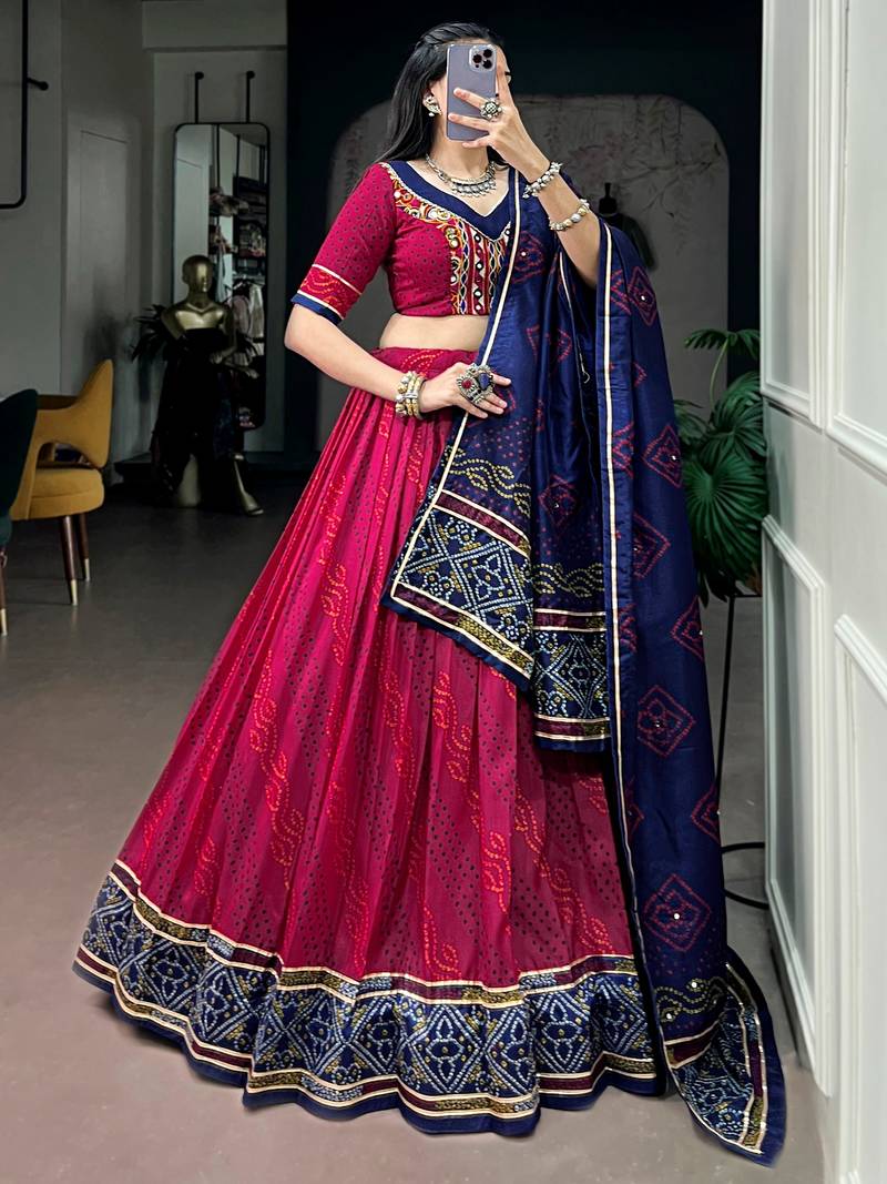 Striking Pink Bandhej Print Silk Navratri Wear Lehenga With Blouse