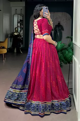Striking Pink Bandhej Print Silk Navratri Wear Lehenga With Blouse