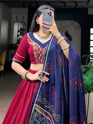 Striking Pink Bandhej Print Silk Navratri Wear Lehenga With Blouse 5