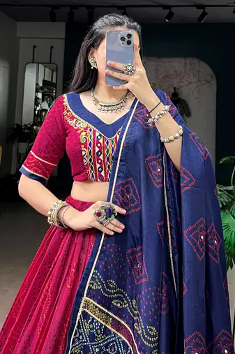 Striking Pink Bandhej Print Silk Navratri Wear Lehenga With Blouse