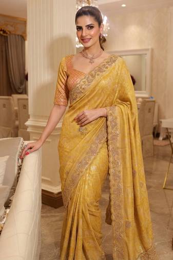 Gold Yellow clr Beads work kanjiwaram silk blend saree