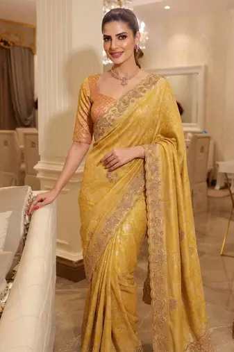 Gold Yellow clr Beads work kanjiwaram silk blend saree