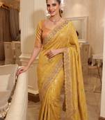 Gold Yellow clr Beads work kanjiwaram silk blend saree