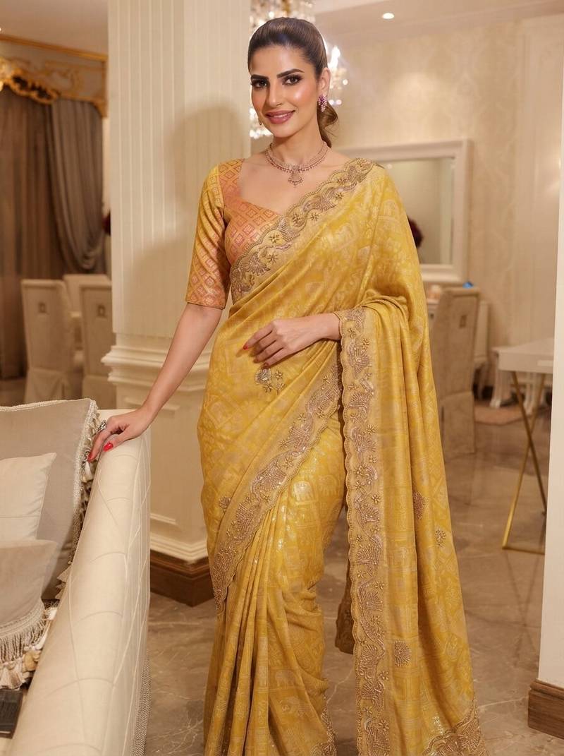 Gold Yellow clr Beads work kanjiwaram silk blend saree