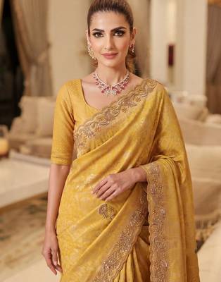 Gold Yellow clr Beads work kanjiwaram silk blend saree 2