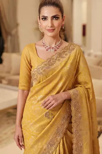 Gold Yellow clr Beads work kanjiwaram silk blend saree