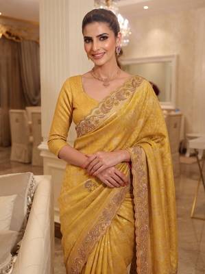 Gold Yellow clr Beads work kanjiwaram silk blend saree 3
