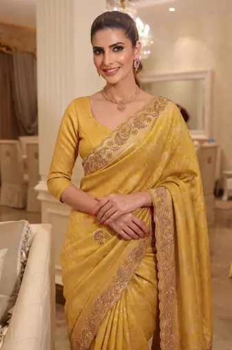 Gold Yellow clr Beads work kanjiwaram silk blend saree