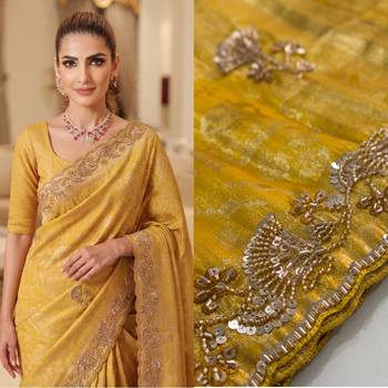 Gold Yellow clr Beads work kanjiwaram silk blend saree 4