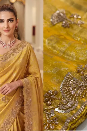 Gold Yellow clr Beads work kanjiwaram silk blend saree
