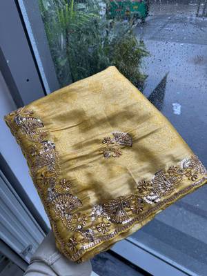 Gold Yellow clr Beads work kanjiwaram silk blend saree 5