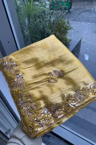 Gold Yellow clr Beads work kanjiwaram silk blend saree