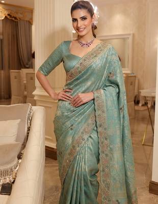 Rama Teal Blue clr Beads work kanjiwaram silk Blend saree 1