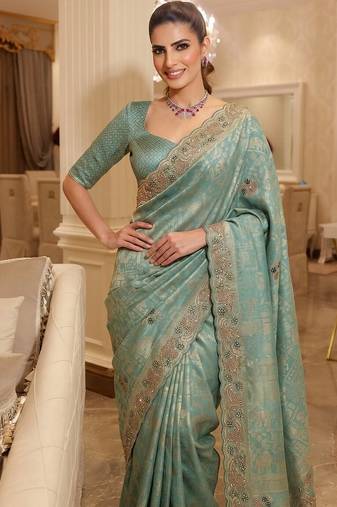 Rama Teal Blue clr Beads work kanjiwaram silk Blend saree